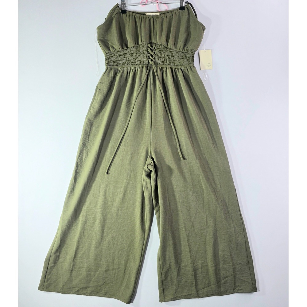 NWT Pie In The Sky Womens XL Olive Green Smocked Lace Up Wide Leg Jumpsuit